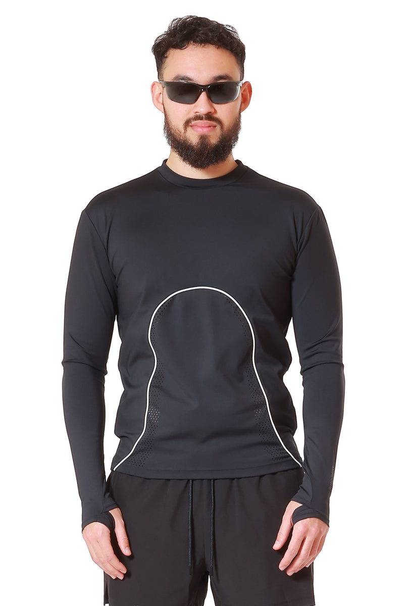 Man wearing a black long-sleeve athletic shirt with a white outline design on a white background