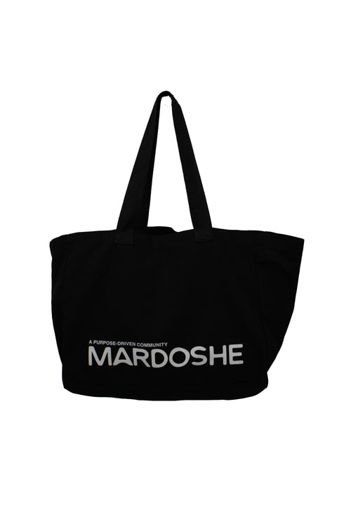 Black tote bag with 'Mardoshe' branding on a white background